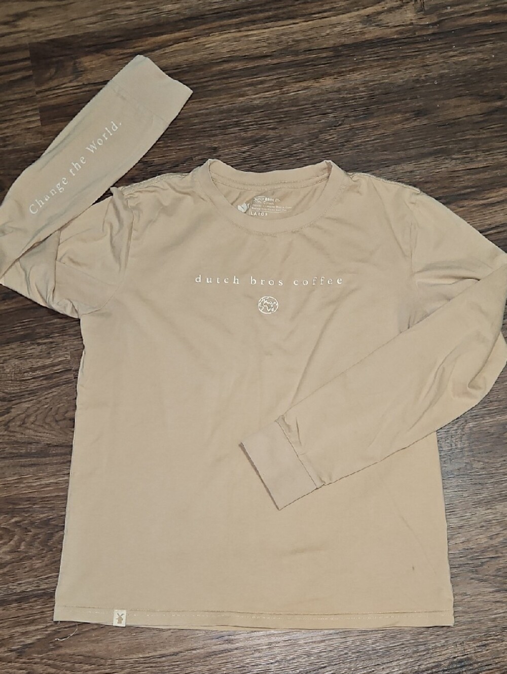 Dutch Bros Khaki Long Sleeve Logo Tee, Size Large *flaw